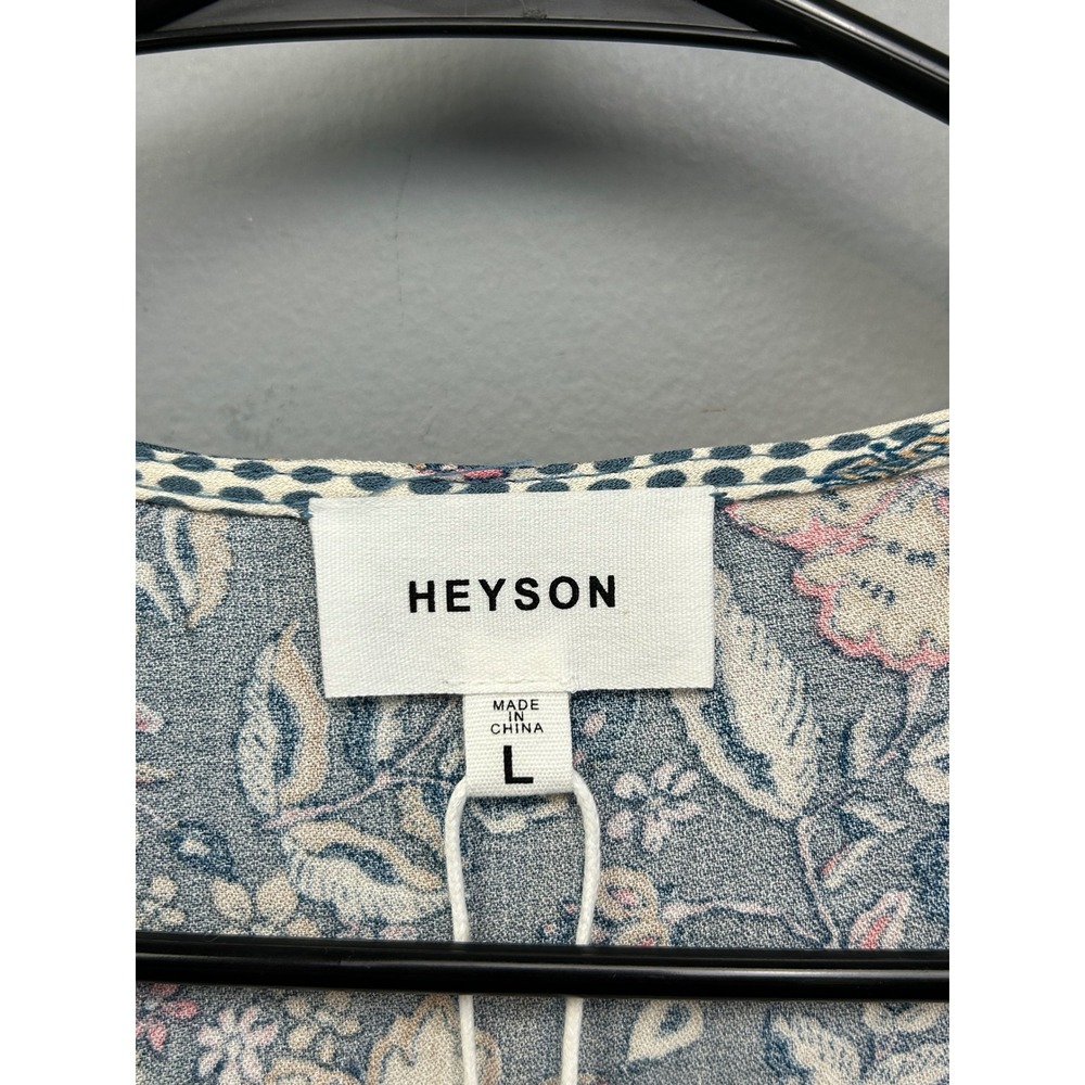 Heyson Blouse Women Large Blue Floral Boho Bell Sleeve Peplum Cottage V-Neck NEW - Picture 4 of 8